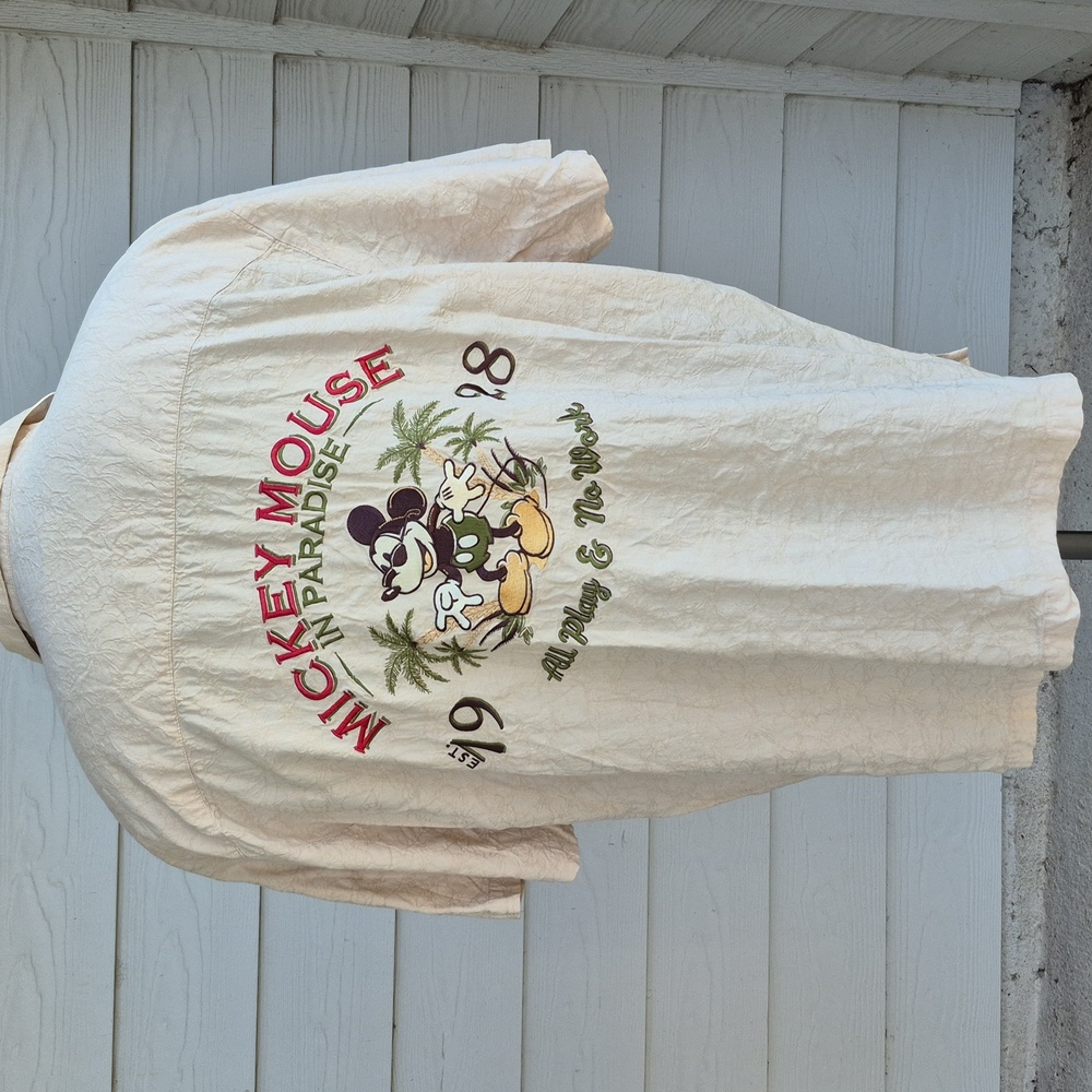 DISNEY Parks‎ Mickey Mouse in Paradise Embroidered Beige Sz XL Mens Casual Shirt